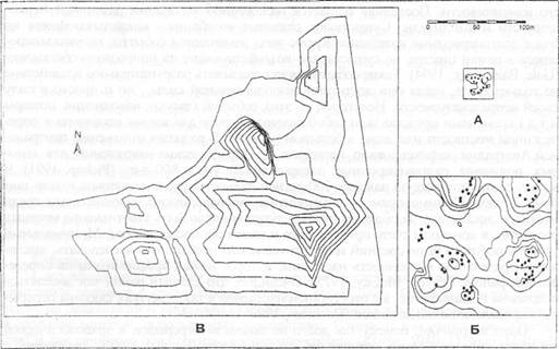 а) - план трех жилищ в жилом комплексе племени анбарра на тропическом побережье п-ова арнемленд
