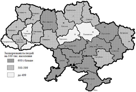 карта-схема напруженості епідемічної ситуації з туберкульозу в областях україни