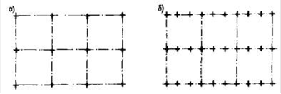 схема мембранных покрытий зданий с укрупненной сеткой колонн а - с расположением колонн в углах секций; б - с дополнительными колоннами по продольным осям здания