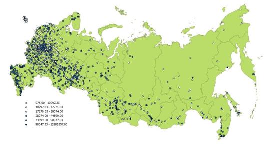распределение городов россии по численности населения в 2013 г., человек