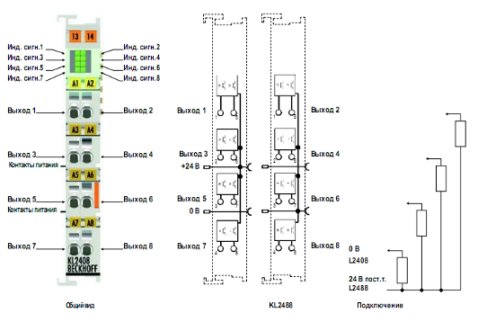 общий вид, схема подключения и подключение модуля kl2408