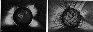 а - фотография солнечной короны промежуточного типа, полученная 12 ноября 1966 г.; б - стурктура магнитного поля короны в то же время (черные линии - силовые линии магнитногополя солнца)