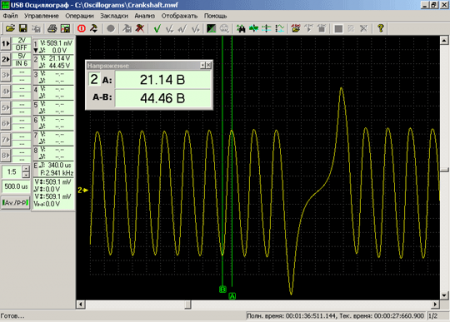 осциллограмма прохождения выходного сигнала исправного дпкв индукционного типа при 1250 rpm (оборотов в минуту)