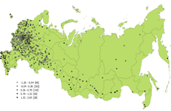 распределение городов россии по показателю - логарифм темпа роста численности населения за период 1897-1926 гг