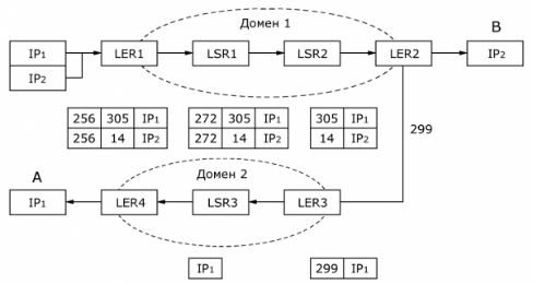 пример путей lsp1 и lsp2, проложенных в доменах 1 и 2