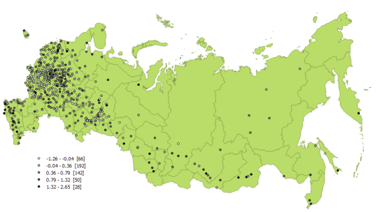 распределение городов россии по показателю - логарифм темпа роста численности населения за период 1897-1926 гг