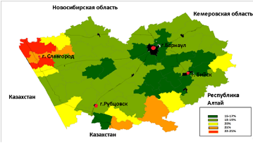 распределение районов по удельному весу населения от 0 до 15 лет в общей численности населения мр алтайского края, 2002 г., %