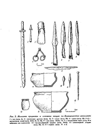 железные предметы и глиняная посуда из безводнинского могильника
