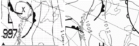фрагменты синоптических карт в районе исследований (за 21.12.11 - слева и 22.12.11 - справа) в 04 часа по московскому времени