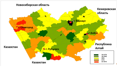 распределение районов по удельному весу населения от 0 до 15 лет в общей численности населения мр алтайского края, 2014 г., %