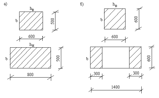 сечения крайней (а) и средней (б) колонн