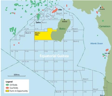 обзорная карта местоположения блока j и ближайших месторождений нефти (зеленым) и газа (красным) в территориальных водах экваториальной гвинеи