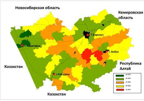 распределение районов по удельному весу населения от 60 и выше в общей численности населения мр алтайского края, 2014 г., %