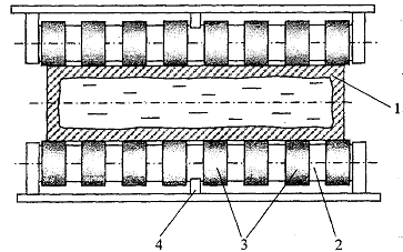 схема поддержки слябовой заготовки в зоне загиба мнлз, где 1- сляб, 2- ось, 3- ролики, 4- промежуточная опора