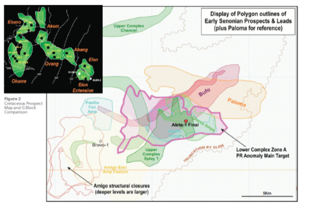 совмещенные контуры выявленных и подготовленных структур в интервале раннесенонских отложений (на вставке слева структурная карта месторождения paloma)