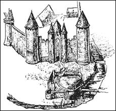 реконструкция ворот и барбакана замка арк во франции. барбакан представляет собой сложное сооружение с двумя подъемными мостами, прикрывающее главный вход