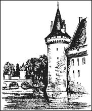 одна из башен замка сюлли-сюр-луар; видны навесные бойницы вокруг кромки крыши башни и вдоль верхнего края стены