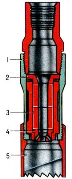 магнитный фрезер:1 - корпус; 2 - верхний полюс; 3 - магнит; 4 - нижний полюс; 5 - коронка