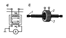 схема включения измерительного трансформатора тока (а), общий вид проходного изолятора (б)